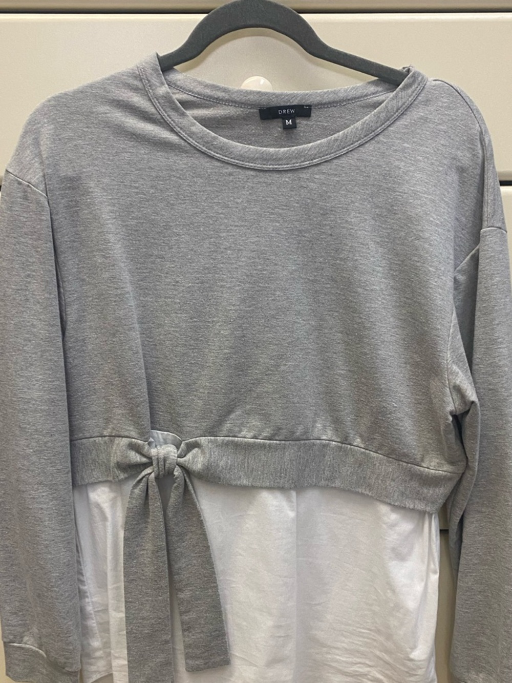 DREW Gray Cropped Tie-Front Layered Sweatshirt with White Underlayer